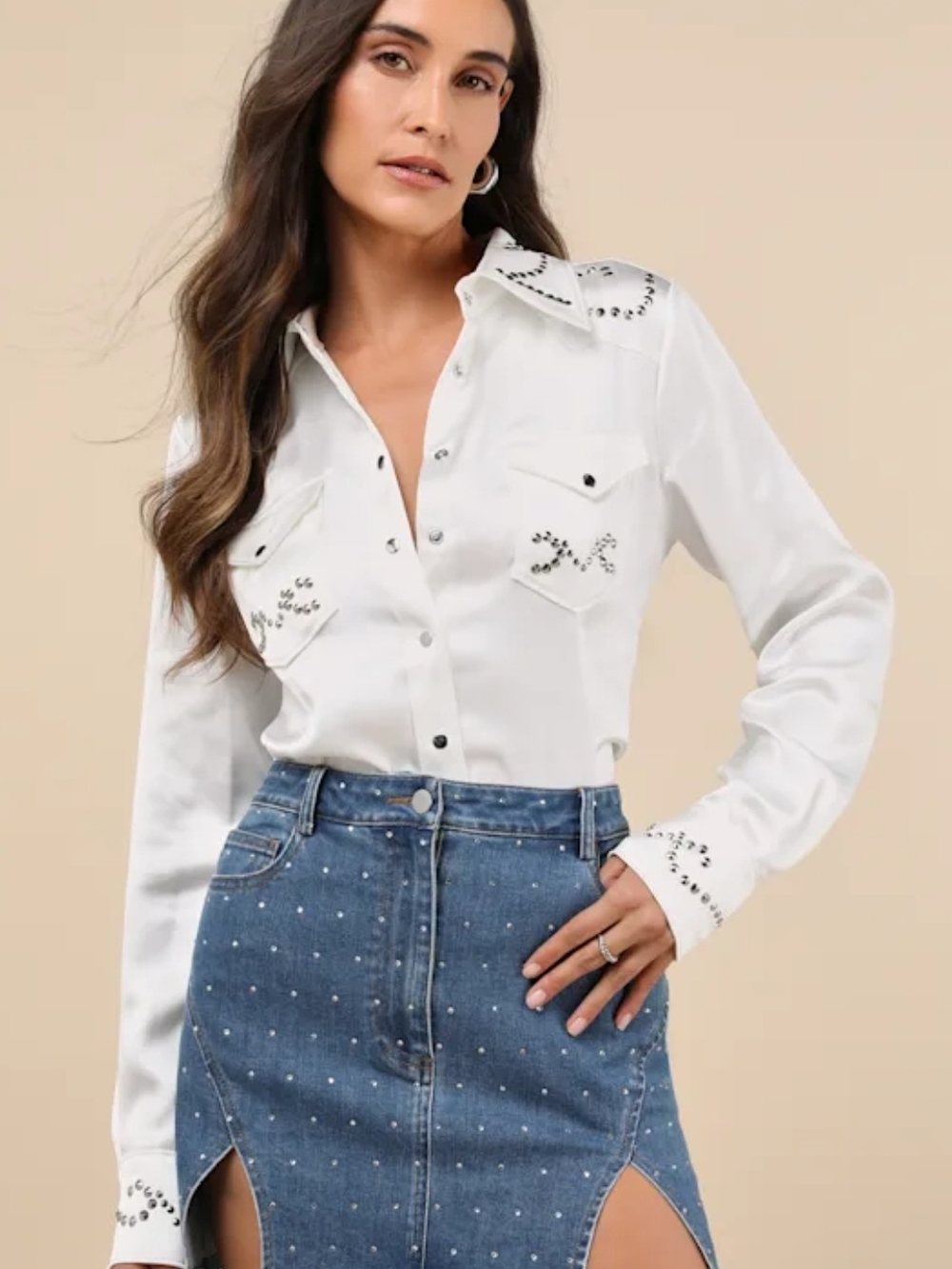 Ivory Studded Long-Sleeve Button Up Top